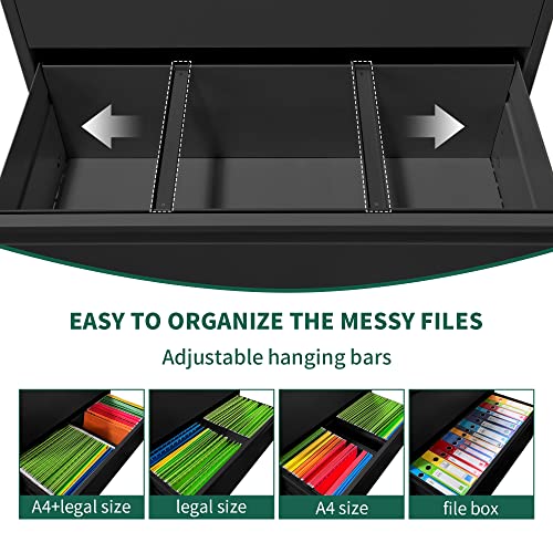 Yukimo Lateral File Cabinet With Lock, Metal File Cabinets For Home Office Legal/Letter A4 Size, File Cabinet With 3 Drawer Storage Cabinet, Black #TOP5