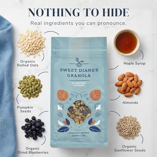 Image of Sweet Diane's Granola - Standard Size (12 oz): Organic Granola, Low-Sugar, High-Fiber, Gluten-Free, Vegan, Delicious Breakfast and Snack Topper (Classic Size, Blueberry Almond)