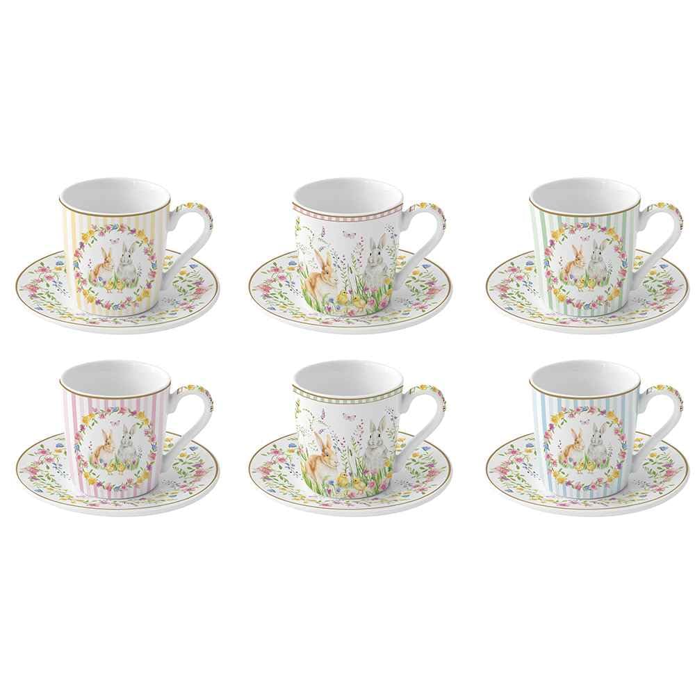 Easy Life Set 6 tazzine pasquali da caffè in porcellana con piattino "Happy Easter" 100 ml