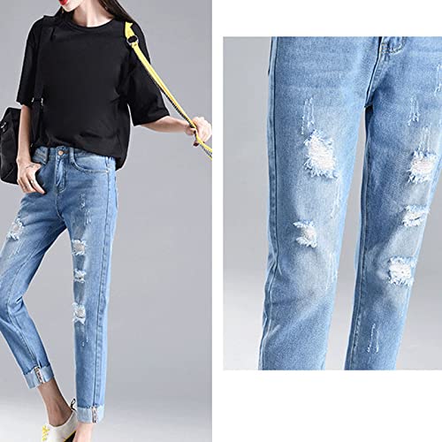 DGHM-JLMY Women's Summer Loose Ripped Jeans Stretch Destroyed Blue Denim Frayed Raw Hem Distressed Denim Pants with Hole3