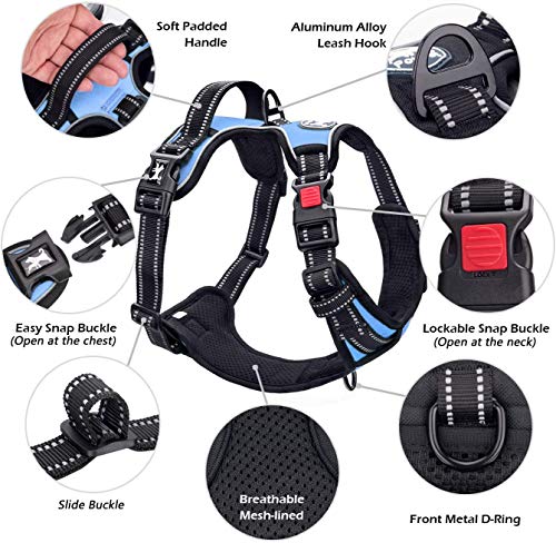 Image of PoyPet No Pull Dog Harness, No Choke Front Clip Dog Reflective Harness, Adjustable Soft Padded Pet Vest with Easy Control Handle for Small to Large Dogs(Light Blue,L)