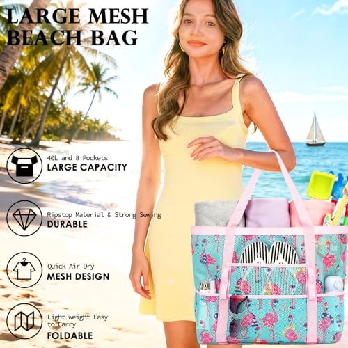 Image of Fammart Mesh Beach Bag for Women, Large Beach Toy Pool Bag with Zipper Pocket, SandProof Cruise Essentials 2026 Family Travel