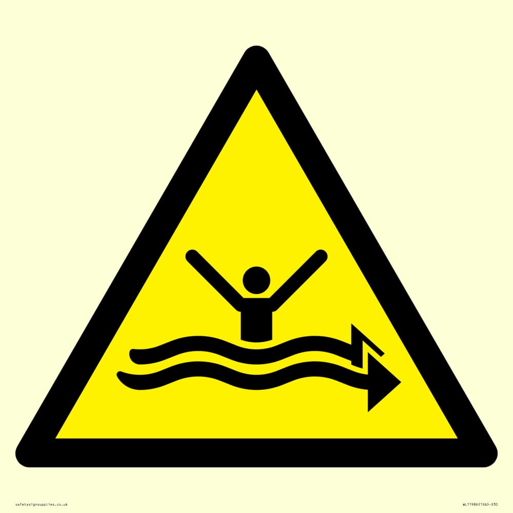 W057 Warning: Strong currents Sign - 300x300mm - S30, Yellow/White