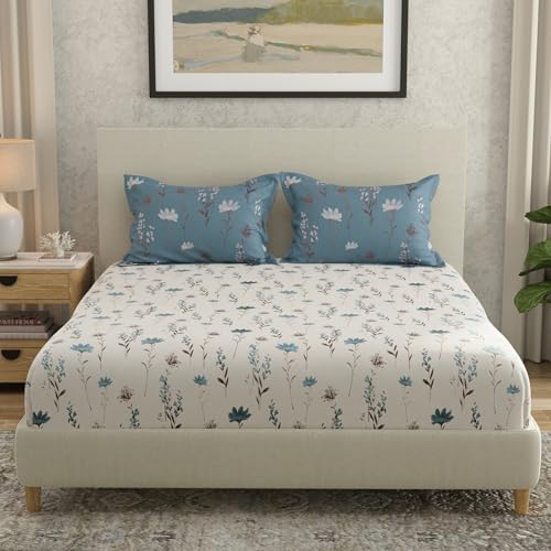 HUESLAND by Ahmedabad Cotton 144 TC Double Bedsheet Cotton with 2 Pillow Covers | White, Blue & Grey
