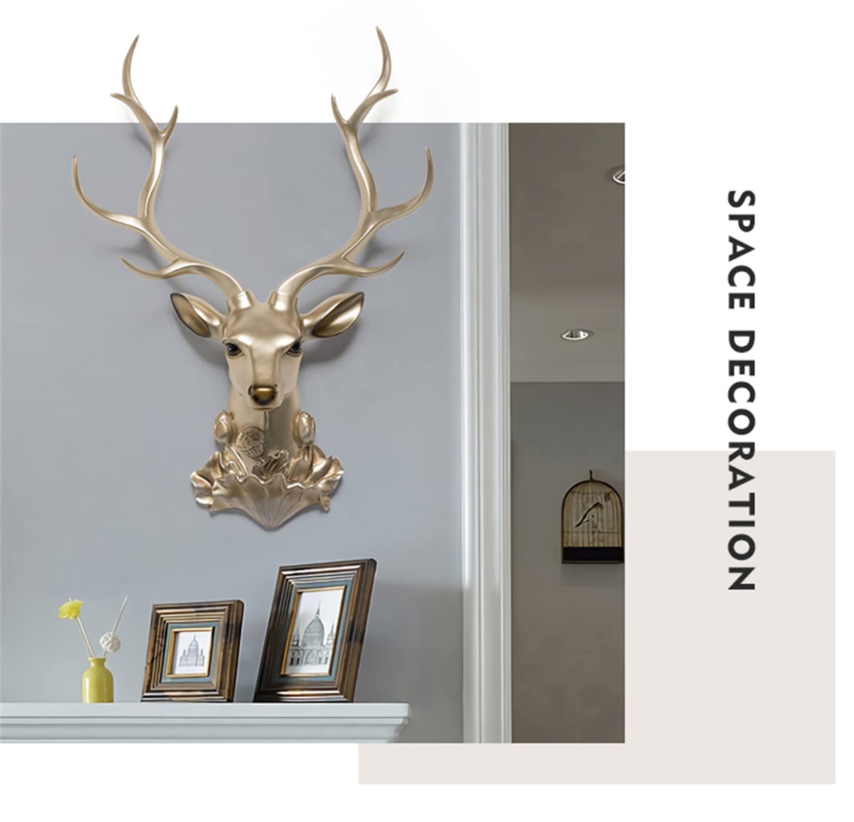 Testa di Cervo di Loto Dorato, Scultura da Parete con Testa di Animale 3D a Parete, Simulazione Domestica Decorazione Testa di Cervo Artigianato in Resina