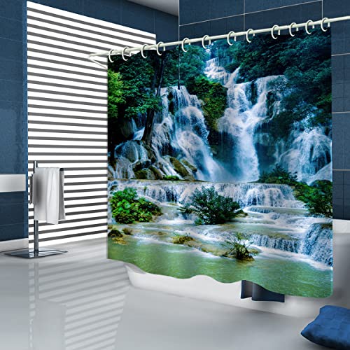 Image of LYFANS Shower Curtains Waterproof Polyester Fabric,Large Width Bright Partition Curtain with Waterfall Pool Print,Shower Curtain Liner for Bathtub Bathroom with 12 White Hooks (72 x72 inches)