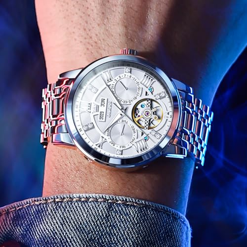 Image of OLEVS Automatic Watches for Men Self Winding Mechanical Skeleton Luxury Dress Stainless Steel Diamond Men Wrist Watches