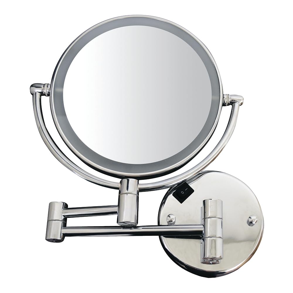 Whitehaus Wall-Mounted LED Magnifying Mirror – 8” Dual-Sided Mirror with 7X Zoom, Extendable Arm, Touch-Activated Light, Polished Chrome
