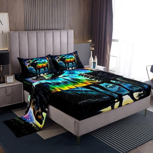 jejeloiu Deer Bedding Set for Kids Boys Girls Ombre Fitted Sheet Full Size Wild Animal Bed Sheets Set Nature Bedroom Decor Breathable Soft Lightweight 4Pcs
