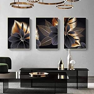 SXXRZA Print op canvas 3 stuk 23,6×31,5 cm (60x80cm) Geen Frame Zwart Gouden Plant Blad Canvas Poster Print Foto Muur…