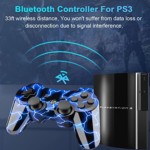 Blue Wireless Remote Works For Ps3 Controller, Oubnag Gamepad For Ps3 Controllers Compatible With Playstation 3 Controller, Cool Lightning Pa3 Controller Gift For Kids Boy Girl Man Lightning Blue #TOP1