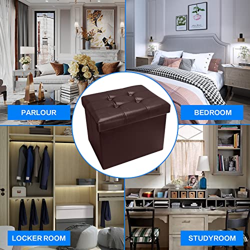 Image of Bsketa Storage Ottoman Bench, 17 inch Folding Leather Foot Rest, Brown 2 Pack | Ottoman with Storage, Thicker Foam Padded Seat, Living Room, Dorm, Bedroom, Load 330 lbs, Easy to install, 17x13x13in