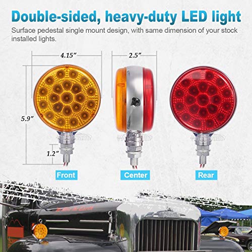 Partsam Round Red/Amber Double Face Led Pedestal Lights With Reflectors 42 Led Waterproof Truck Trailer Suv Rv Fender Mount Led Stop Turn Tail And Parking Light, Chrome Die Cast Housing 12V #TOP6