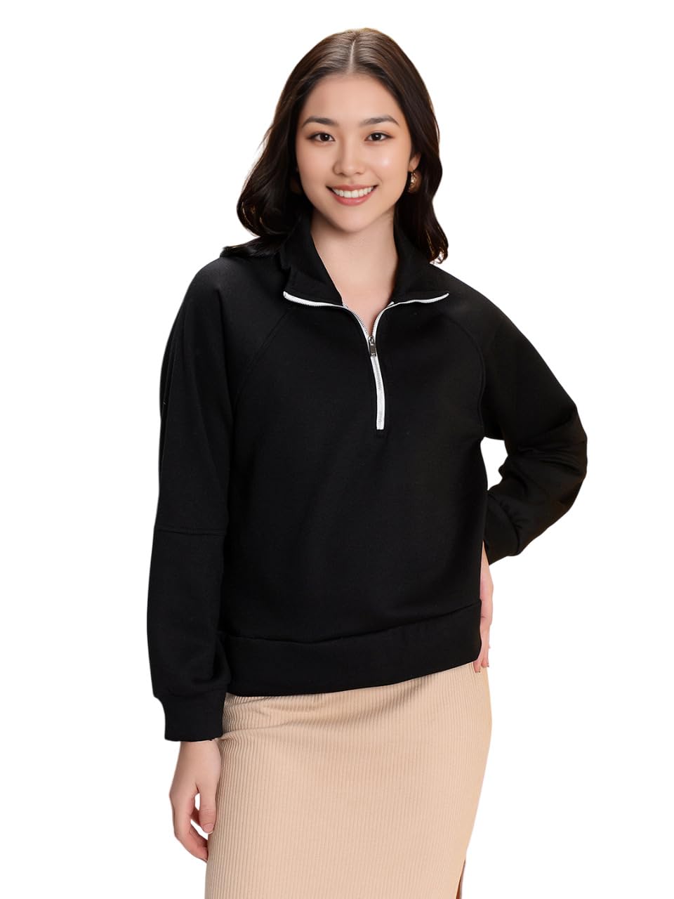 Women's High Neck Zip Sweatshirt with Long Sleeves and Relaxed Fit-image-8