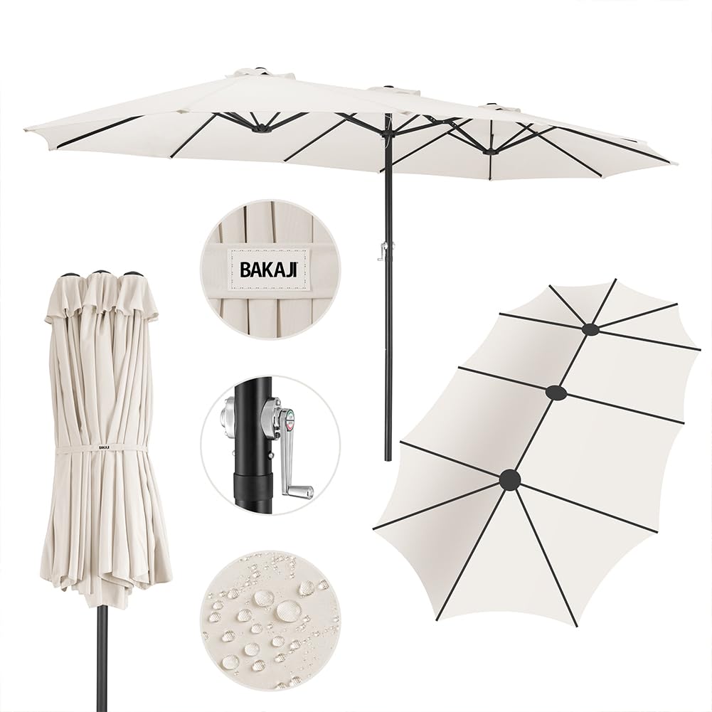 BAKAJI Ombrellone Doppio da Patio Rettangolare con Sistema di Apertura e Chiusura Manovella, 3 Tettucci Poliestere Anti UV e Impermeabile, Ideale per Giardino, Esterno, Bistrot, Bar (4,5 x 2,7 Metri)