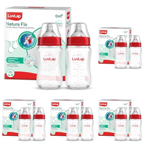 Image of LuvLap Natura Flo Wide Neck Glass Feeding Bottle, New Born /Infants /Toddler Upto 3 Years, BPA Free, Ergonomic Shape is Easy to Hold, with Anti Colic Nipple, Pack of 10, 150ml
