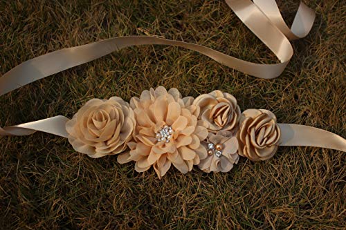 Handmade Maternity Sash Belt With Flowers And Bow Rhinestones Decor (Champagne) #TOP4