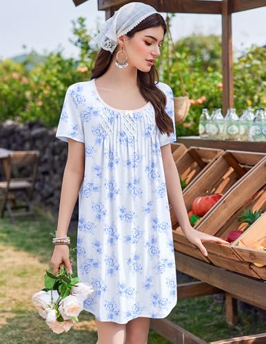Image of Ekouaer Nightgowns for Women Short Sleeve Night Shirts Ladies Night Gown Pleated Sleep Shirts Lace Trim Sleep Dress