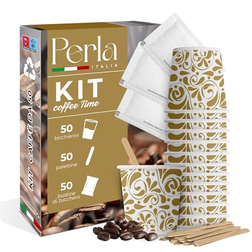 Perla, Kit 50 Bicchierini Caffè 75 ml in Carta, 50 Palettine in Legno, 50 Bustine di Zucchero, Bicchieri Caffè e Palettine Monouso, Bicchierini di Carta Usa e Getta