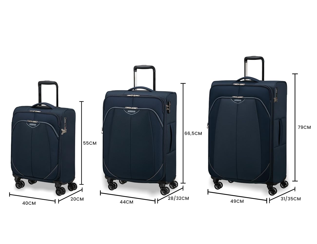 American Tourister Poproll - 3-czesciowy zestaw walizek miekkich (Bagaz podreczny, Srednia, Duza), Lekki - Niebieski (Navy)
