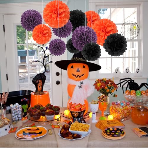 Image of 18 PCS Tissue Paper Pom Poms, Tissue Pom Poms Flowers, Sizes of 6 inch, 10 inch, 12 inch, 14 inch Hanging Paper Flower Ball for Wedding, Birthday, Halloween, Party Decor (Black Orange Purple)