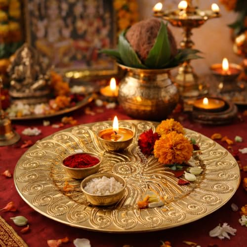 Image of Luxury Gold Decorative Plate | Pooja Thali, Gift Hamper Base, Charger Plate & Decorative Platter for Home Decor, Wedding & Festive Gifting