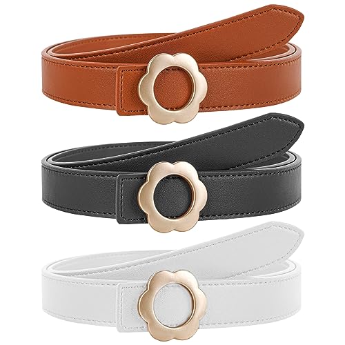 NPET Womens Leather Belt Skinny Waist Belt for Women Dresses Jeans Pants Fashion with Gold Buckle 2 Pack （Brown Black White）