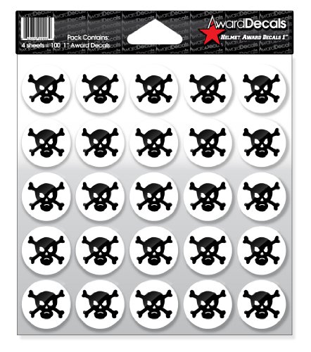 Image of Award Decals Skull and Crossbone Sticker Set (100 Decals) The Original Award Decals Premium 20mil Thick 1 inch Helmet Decals Made in The USA Since 1976
