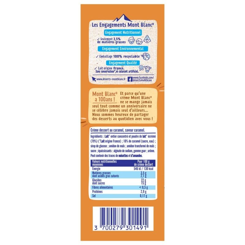 MONT BLANC - Crème Dessert Caramel - Onctuosité gourmande - Format généreux 570G - Lot De 4