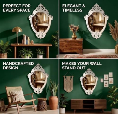Image of Maharani Mirror Frame for Living Room Bedroon Bathroom (Maharani Mirror Frame) & Jharokha Style Mirror Frame (Size18x12inch). (White Antique)