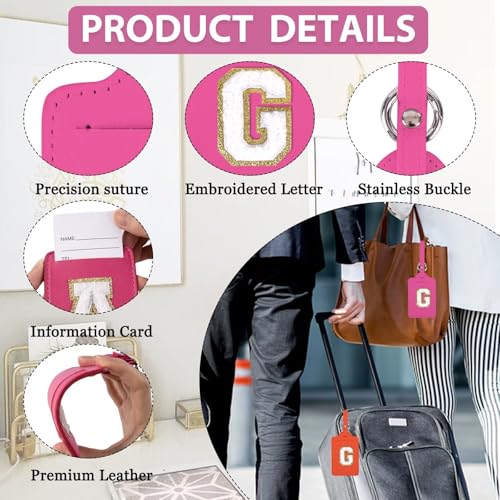 Personalized Initial Luggage Tags for Suitcases, Leather Chenille Letter Cute Luggage Tags with Privacy Name Card, Embroidered Travel Bag Backpack Tag Gifts for Women Kids Girls Teens(Rosered-G) — view 4