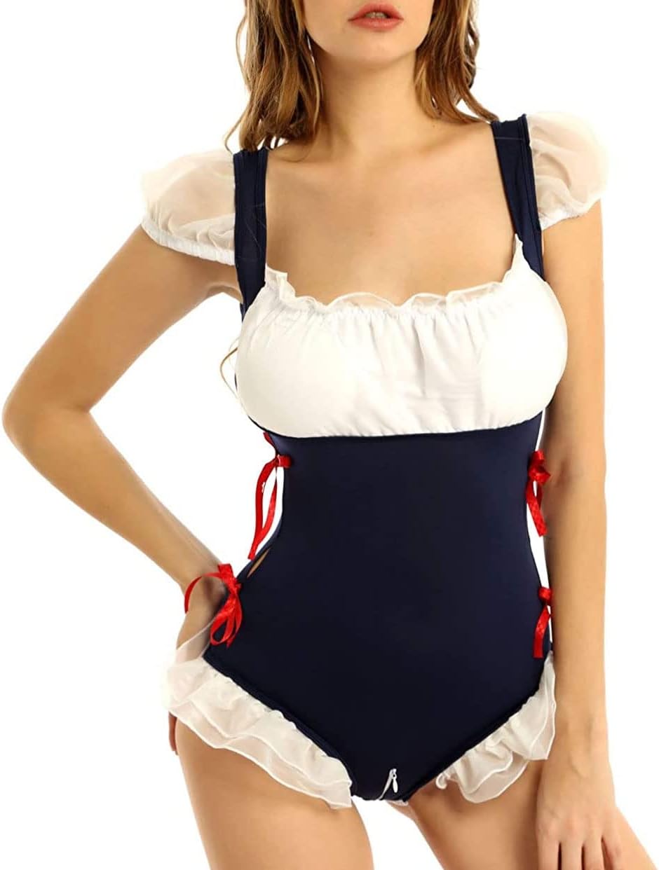 Womens Cute Maid Bodysuit Puff Sleeve Bowknot Ruffle Pleated Lingerie Jumpsuit Naughty Costumes