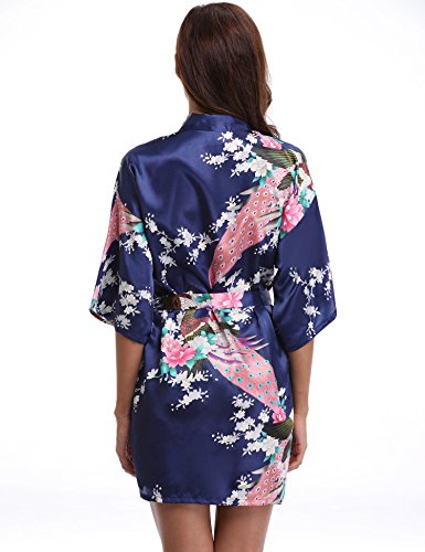 Aibrou Women's Kimono Robe Satin Peacock Bathrobe Short Silk Bridal Robe Dark Blue - Thumbnail 5