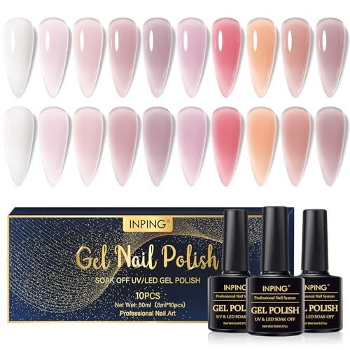 INPING Esmalte Semipermanente de Uñas, 10 Color Jalea Lácteo Transparente Pintauñas Gel, Rosa Desnudo Blanco Lechoso Marrón Natural Principiantes Semipermanente UV LED para Kit Manicura Francés