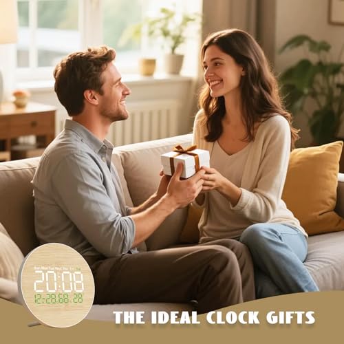 Reloj digital LED redondo en madera acabado premium de 10 pulgadas con soporte 8