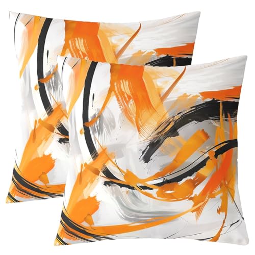 richhome Juego de 2 fundas de almohada abstractas cuadradas negras y naranjas, fundas de almohada con líneas a rayas, funda de cojín para sofá, dormitorio, decoración de 45 x 45 cm
