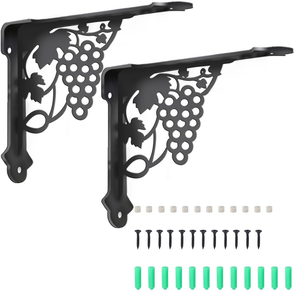 PRESSINART Leaf Shelf Bracket Decorative Metal L Bracket Black Grape Cast Iron Wall Mount Ornate Right Angle Rustic Style Holder for Kitchen Home Living Room Bedroom Decoration 6.77 x 8.27 x 0.08 Inch