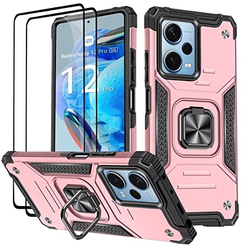 KANSi Funda para Xiaomi Redmi Note 12 Pro 5G / Poco X5 Pro 5G, Cristal Vidrio Templado [2 Piezas] Capa Anillo iman Soporte Hard PC y Silicona TPU Antigolpes Armor Carcasa   Oro Rosa
