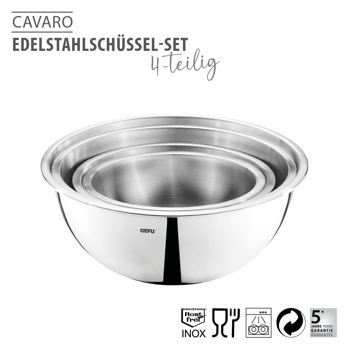 GEFU 4x Edelstahlschüssel-Set CAVARO - Küchenschüssel mit Schüttrand | Salatschüssel Set stapelbar aus Edelstahl - Rührschüssel spülmaschinengeeignet für Teig & Sahne - 1l, 1.5l, 2.7l & 3.5l