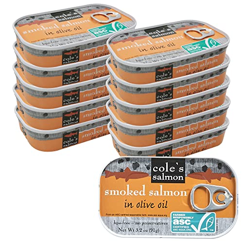 COLES CANNED SMOKED SALMON OLIVE OIL 10 PACK - Fresh Caught, Not Frozen Canned Salmon, Preservatives Free, Canned Fish – 3.2 oz Per Pack