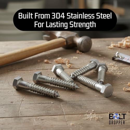 Image of Bolt Dropper 1 /2 inch x 3 inch Stainless Hex Head Lag Bolt Screws, (10 Pack), 304 (18-8) Stainless Steel Coach Bolts /Large Screws for Wood with Plain Finish by Bolt Dropper