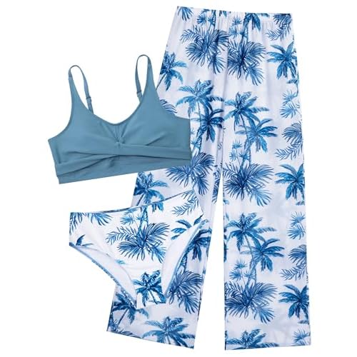 Girls Swimsuit 3 Piece Bikini Bathing Suit Criss Cross Swimwear Sets with Mesh Cover Up Pants 6-16Y Blue Coconut 9-10 Years