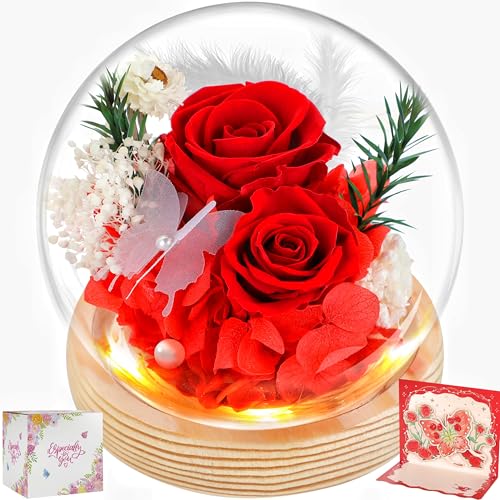 BoriYa Regalo cumpleaños Mujer - Rosa Eterna, Rosas Eternas Natural Preservada en Cristal,Flor Eterna Rosa en Cupula con Luz LED,Rosa Preservada con Tarjeta Regalo 3D, Rosa Eterna Regalo para Mujer