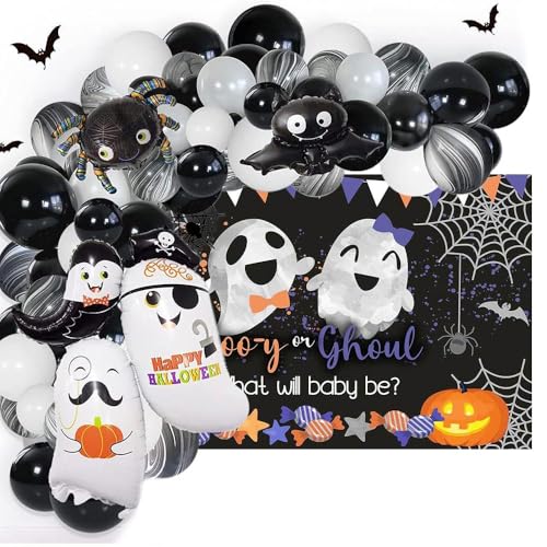 Lofaris Halloween Baby Shower Boo-y or Ghoul Gender Reveal Fabric Poster Banner Backdrop Metallic Shiny Latex Cute Ghost Foil Balloon Garland Arch Kit Bat Stickers for Halloween Photo Booth Background