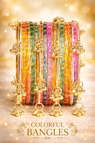 Image of Kaher Kashmiri Glass Bangle with gunghro Set for Women| Traditional, Fancy Glass Chudi Set for Festival, Wedding, and Party (Set Of 16)