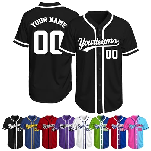 Custom Baseball Jersey, Personalized Baseball Shirt Sports Uniform with Name Number Logo for Kids Men Women, Customized Button Down Tee Shirt Sports Make Your Own Baseball Jersey Black White