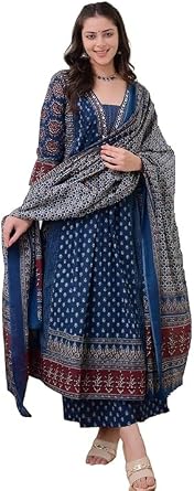 Womens Rayon Printed Anarkali Kurta and Pant with Dupatta Set Ajrakh Print 3 Pcs Ethnic Wear
