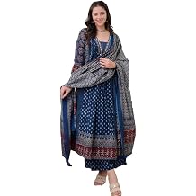 Women Cotton Indigo Hand Block Print Kurta Pant With Dupatta Top Tunic Kurti