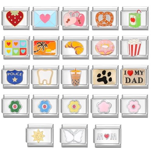 papasgix Custom Italian Charm Bracelet Charms Silver Set 10 Personalized Stainless Steel Charm Brascelets 9mm Assorted Italian Charms Bracelet Links Handmade DIY Jewelry Pink3