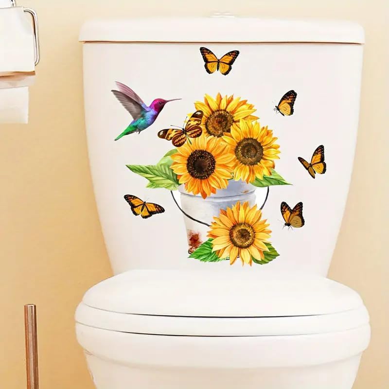Sunflower and Butterfly Toilet Cover Sticker Decals,Fish Bird Flower Leaf Waterproof Toilet Lid Tank Seat Decals Cistern Self-Adhesive Bathroom Wall Sticker
